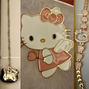 Hello Kitty Set of 3, Pink and Gold Watch and Pin, Silver Necklace w/ Locket